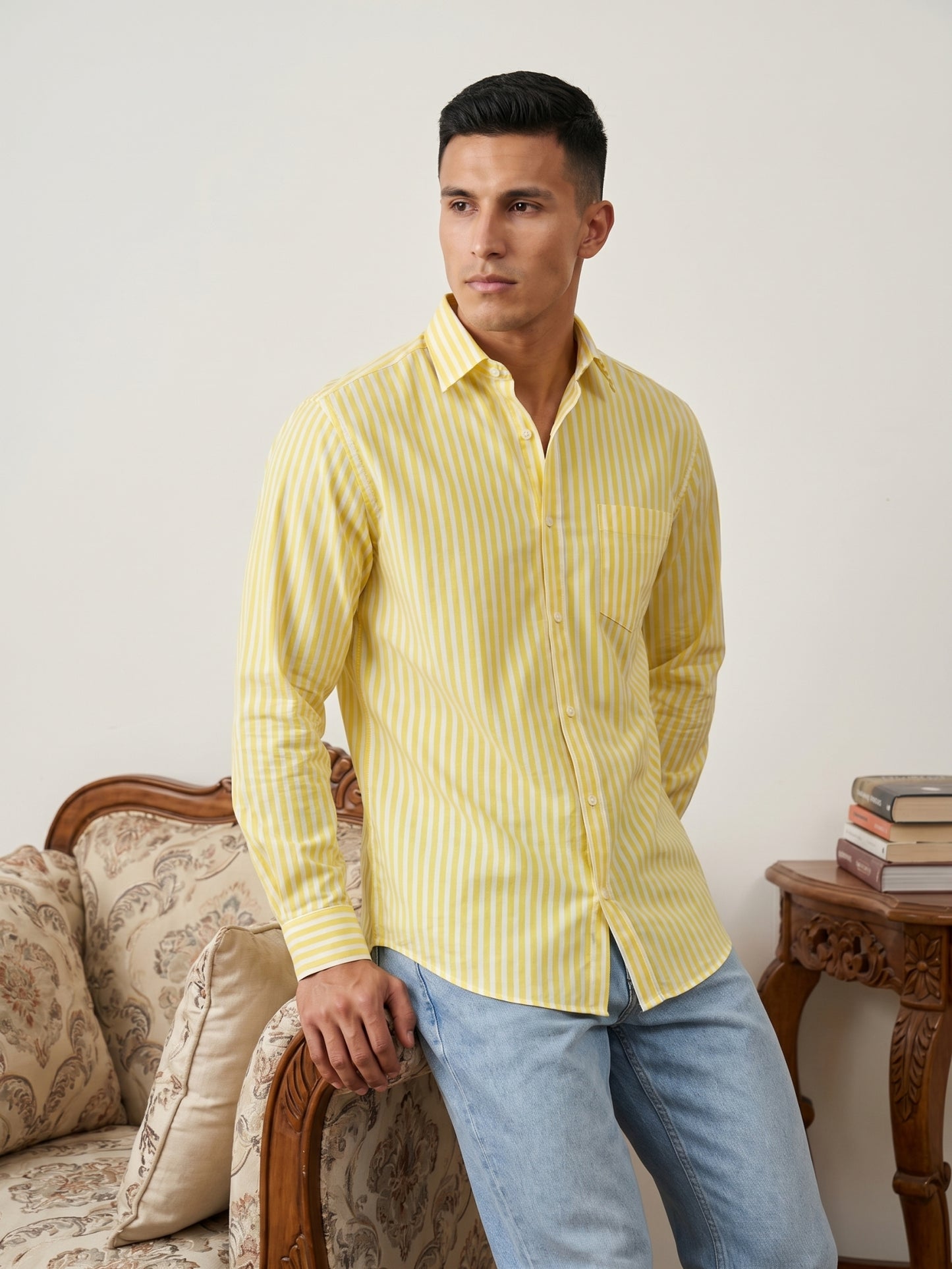 Men’s Pure Cotton Striped Casual Shirt ( RDSH 042Yellow )