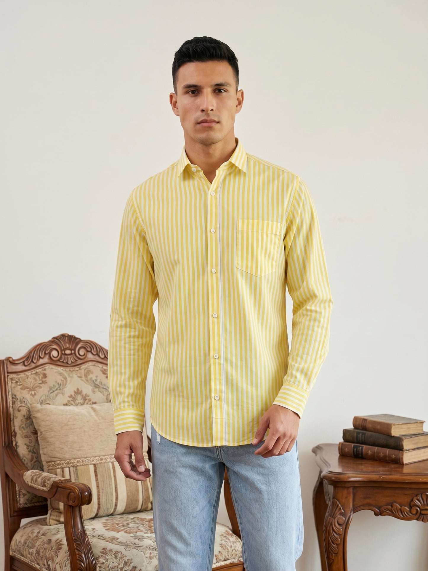 Men’s Pure Cotton Striped Casual Shirt ( RDSH 042Yellow )