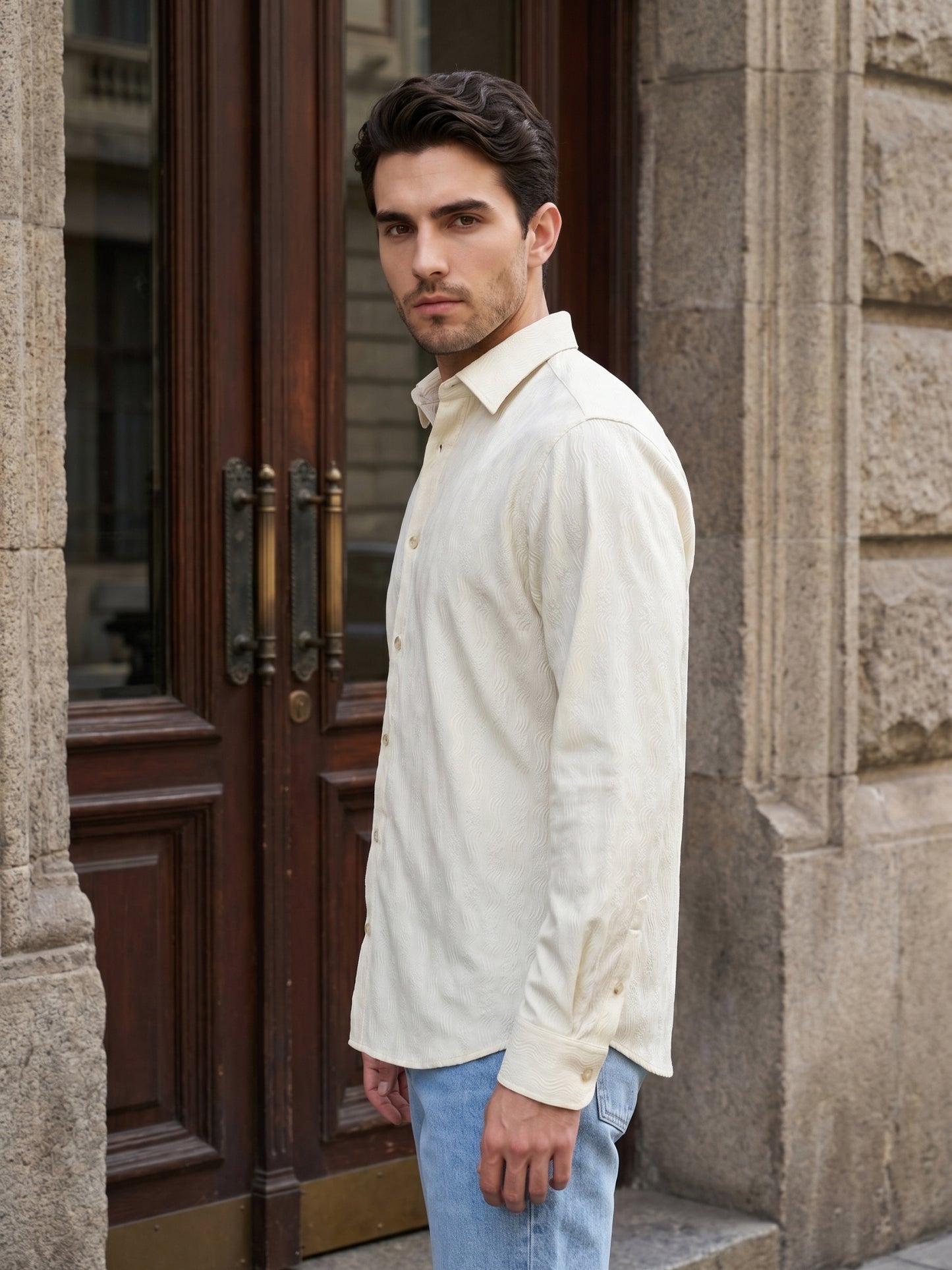Men’s Textured Corduroy Woven Casual Shirt ( RDSH 043Cream )