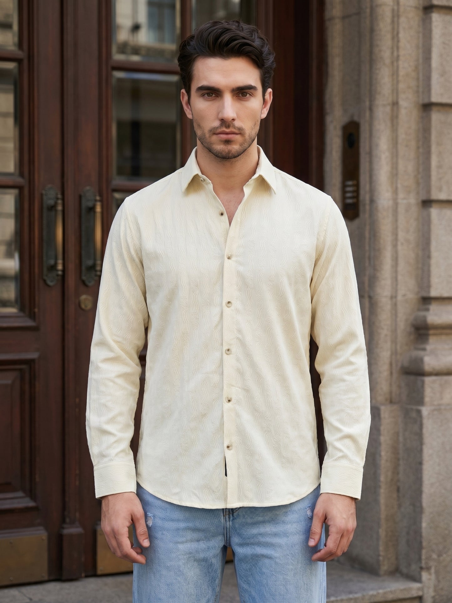 Men’s Textured Corduroy Woven Casual Shirt ( RDSH 043Cream )
