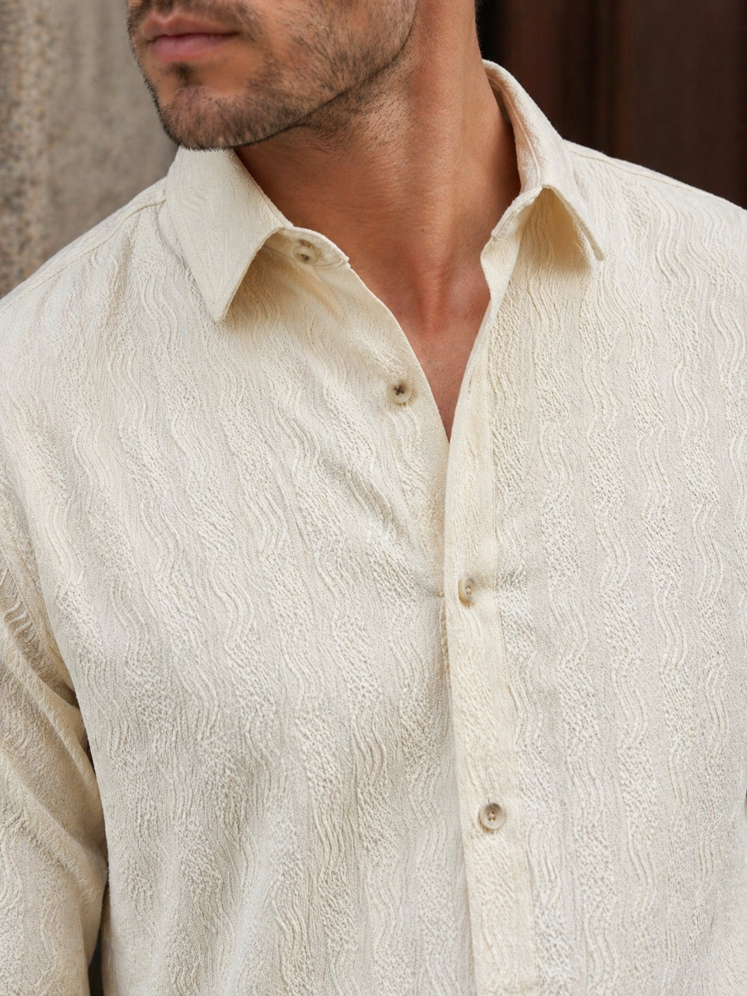 Men’s Textured Corduroy Woven Casual Shirt ( RDSH 043Cream )