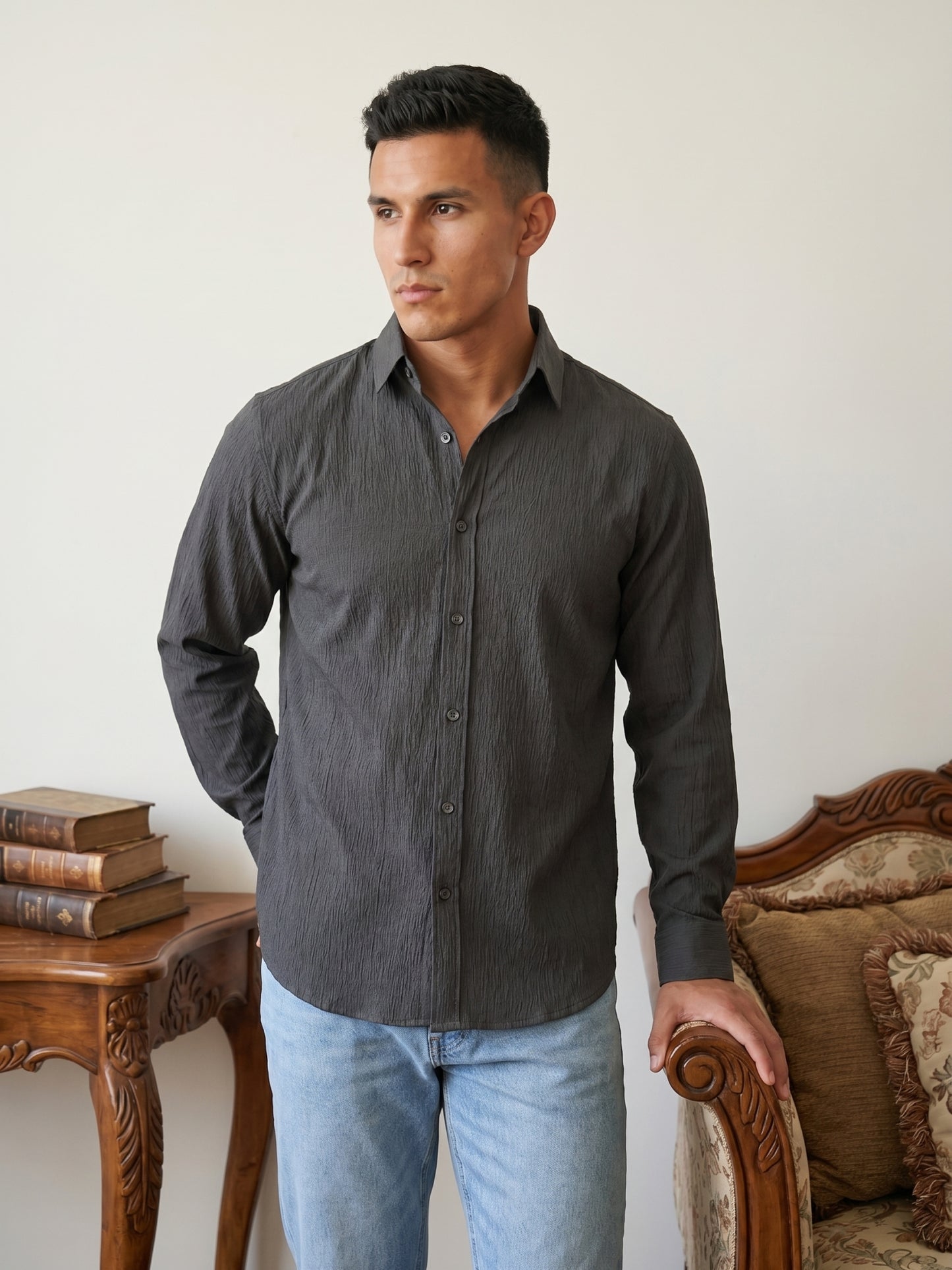 Men’s Wrinkle Textured Cotton Blend Casual Shirt ( RDSH 044Charcoal )