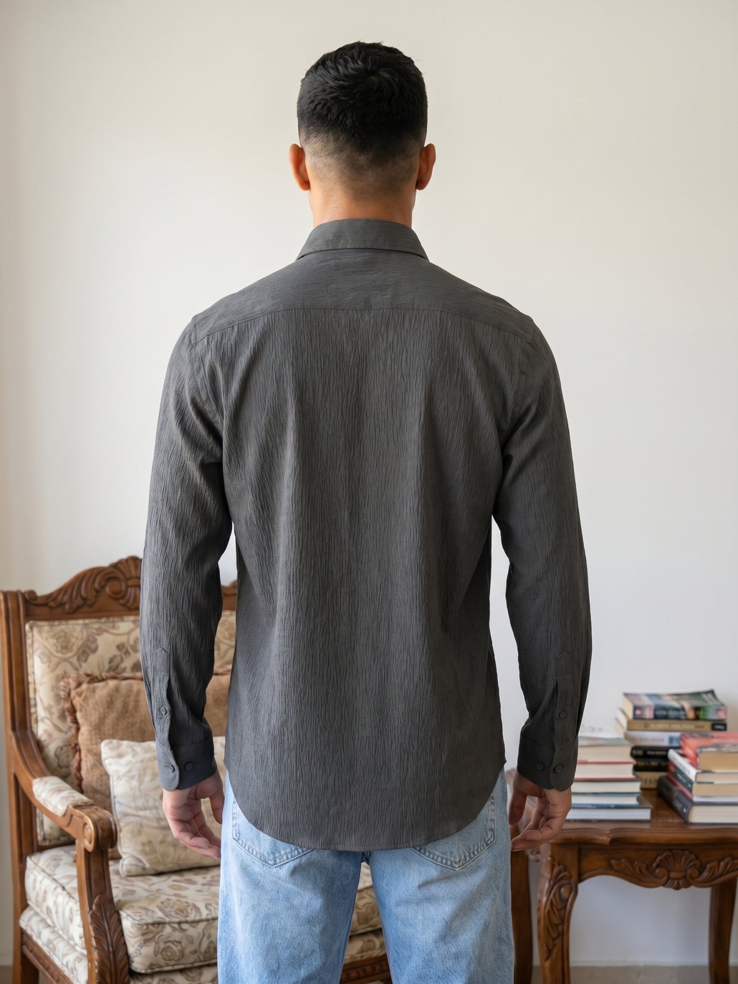 Men’s Wrinkle Textured Cotton Blend Casual Shirt ( RDSH 044Charcoal )