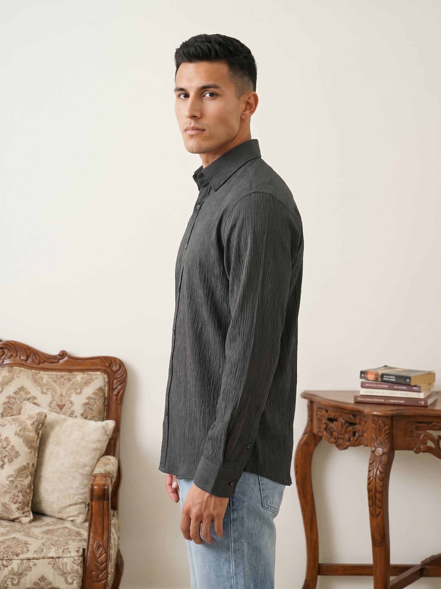 Men’s Wrinkle Textured Cotton Blend Casual Shirt ( RDSH 044Charcoal )