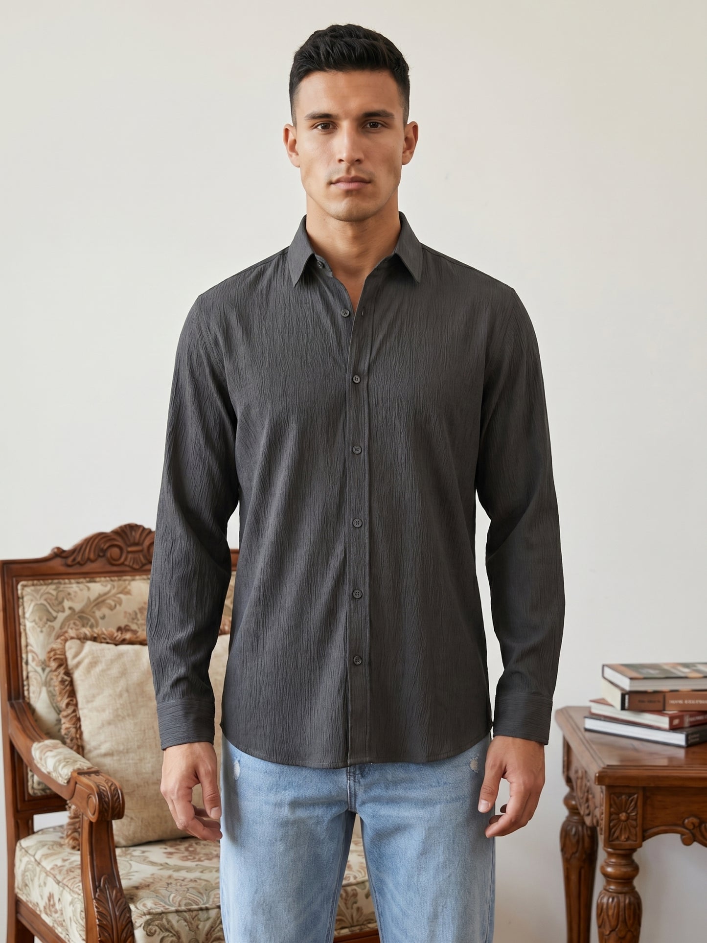 Men’s Wrinkle Textured Cotton Blend Casual Shirt ( RDSH 044Charcoal )