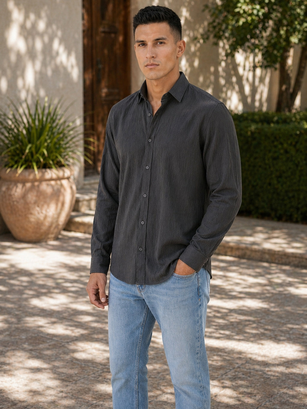Men’s Wrinkle Textured Cotton Blend Casual Shirt ( RDSH 044Charcoal )