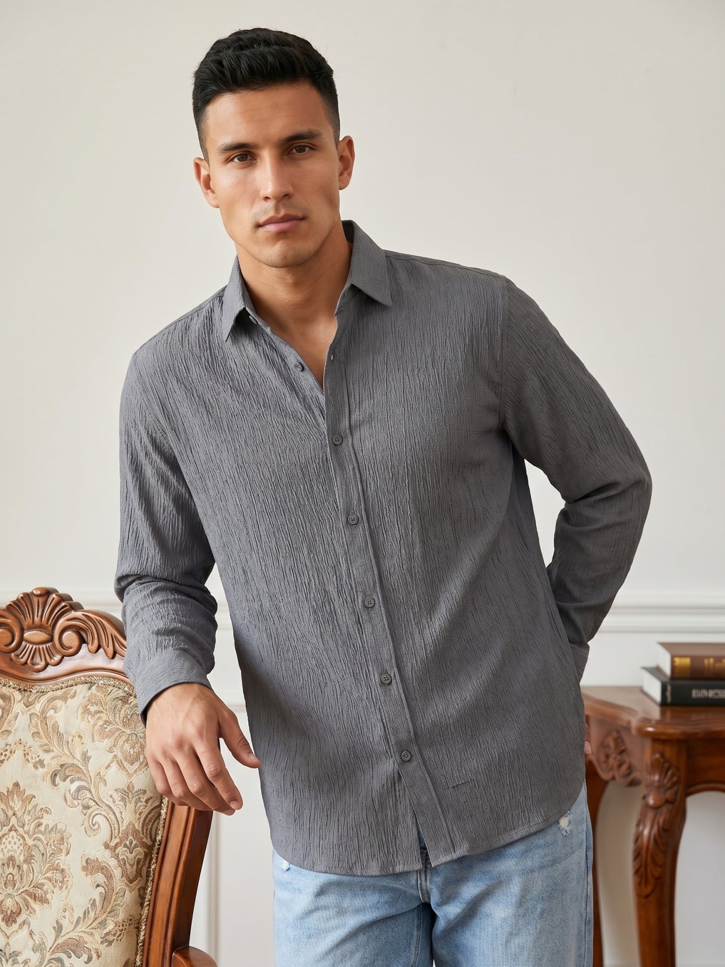 Men’s Wrinkle Textured Cotton Blend Casual Shirt ( RDSH 044Grey )