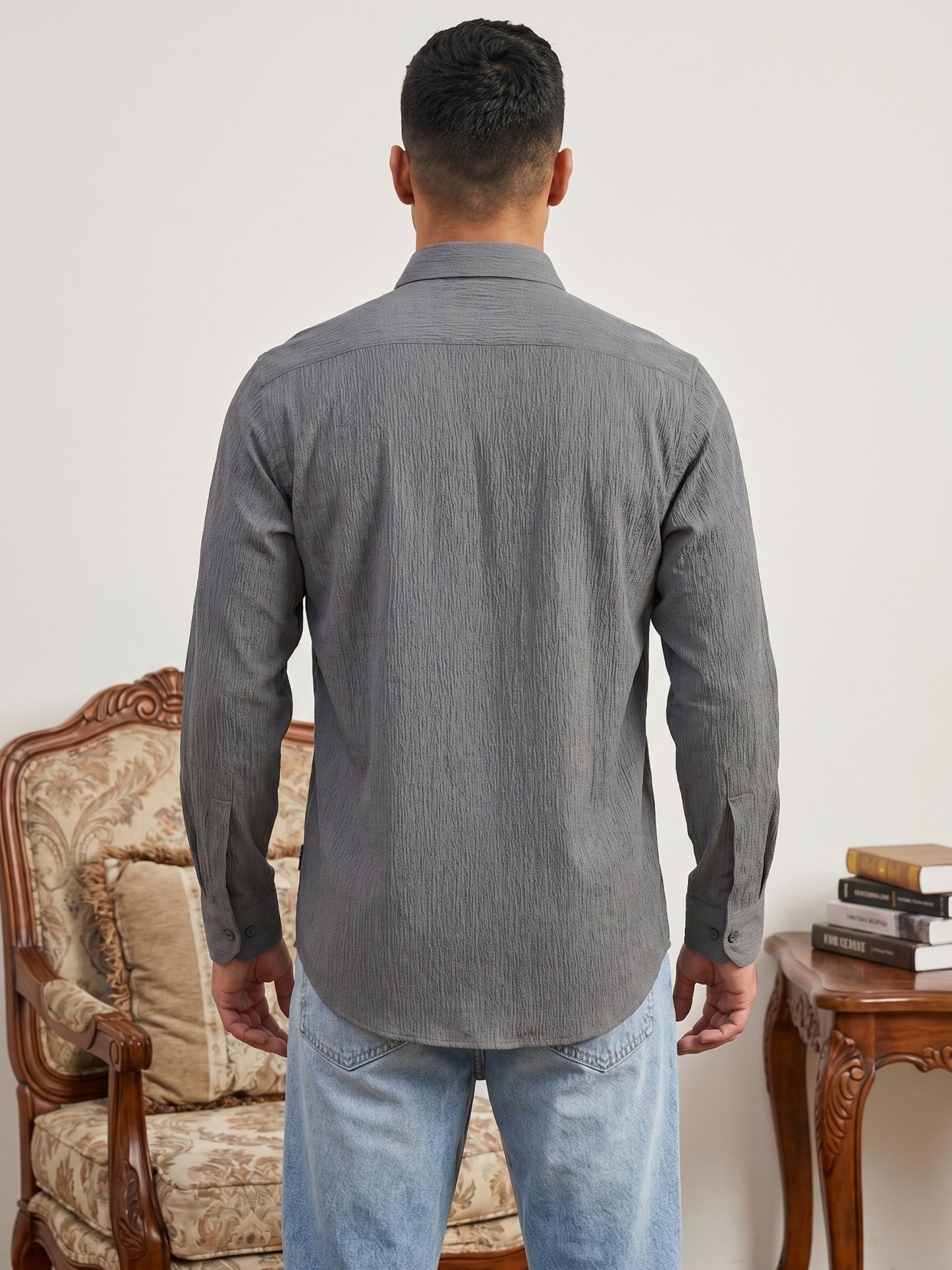 Men’s Wrinkle Textured Cotton Blend Casual Shirt ( RDSH 044Grey )