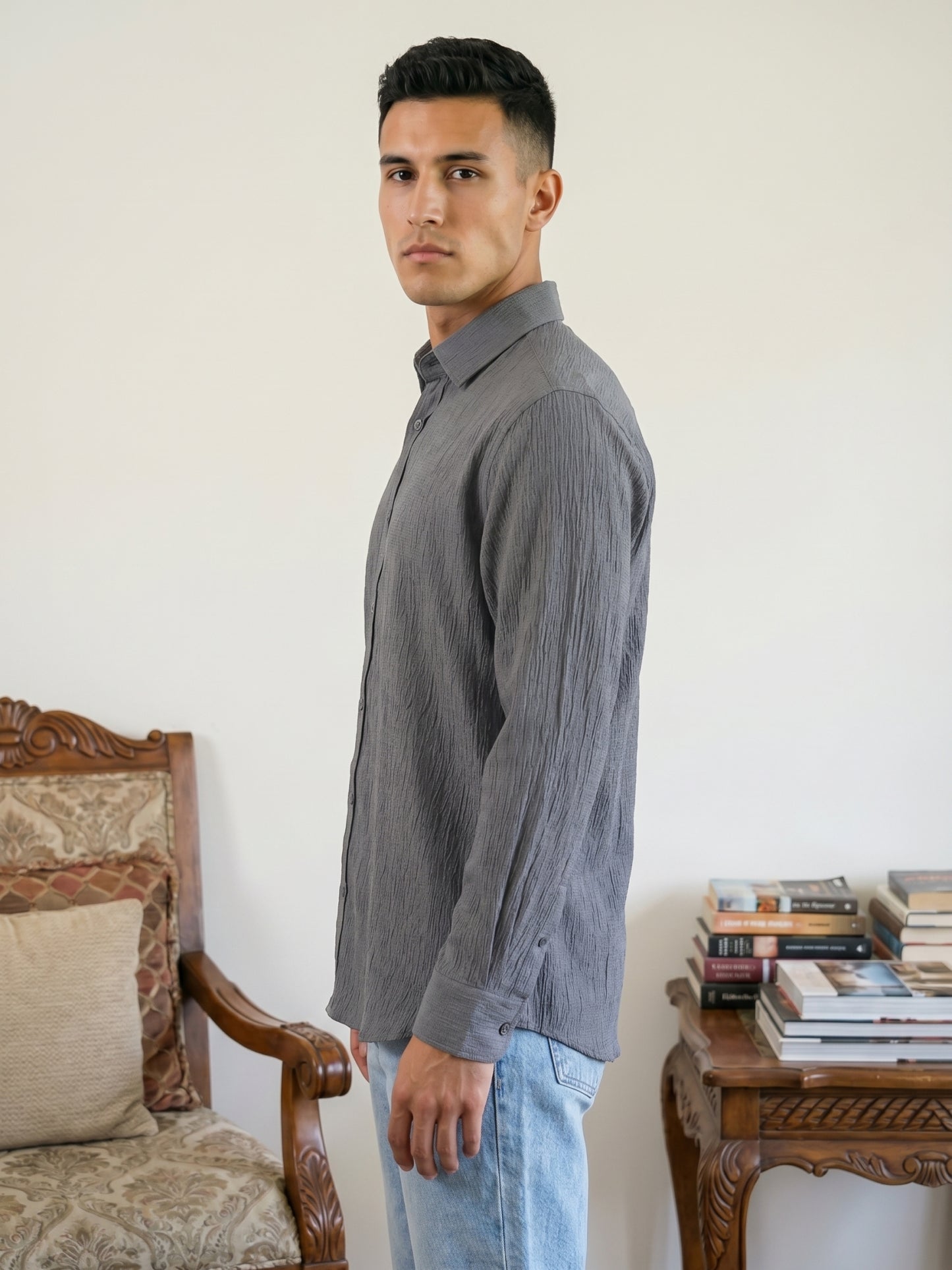 Men’s Wrinkle Textured Cotton Blend Casual Shirt ( RDSH 044Grey )