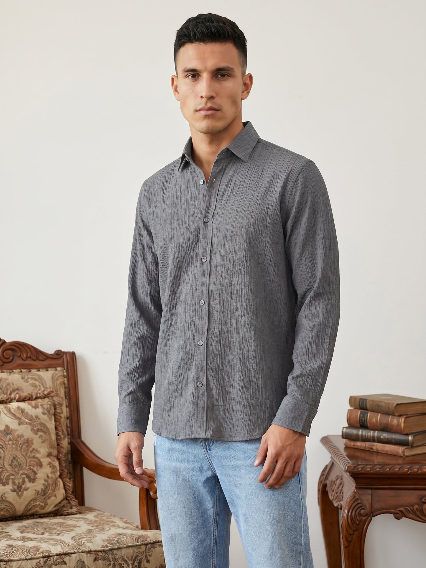 Men’s Wrinkle Textured Cotton Blend Casual Shirt ( RDSH 044Grey )