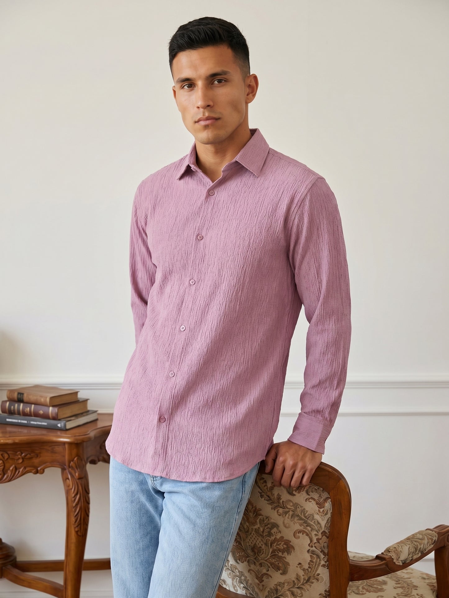 Men’s Wrinkle Textured Cotton Blend Casual Shirt ( RDSH 044Magenta )