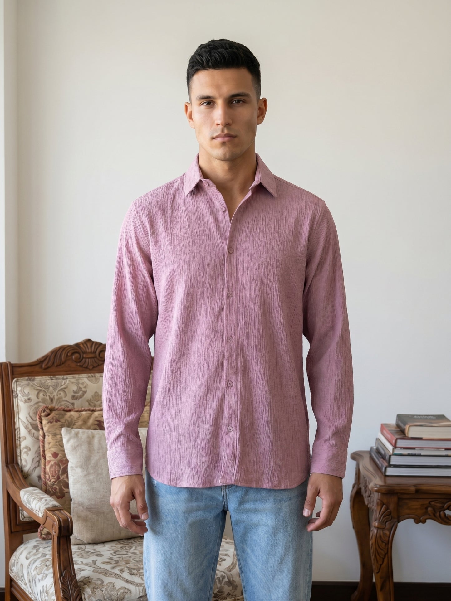 Men’s Wrinkle Textured Cotton Blend Casual Shirt ( RDSH 044Magenta )