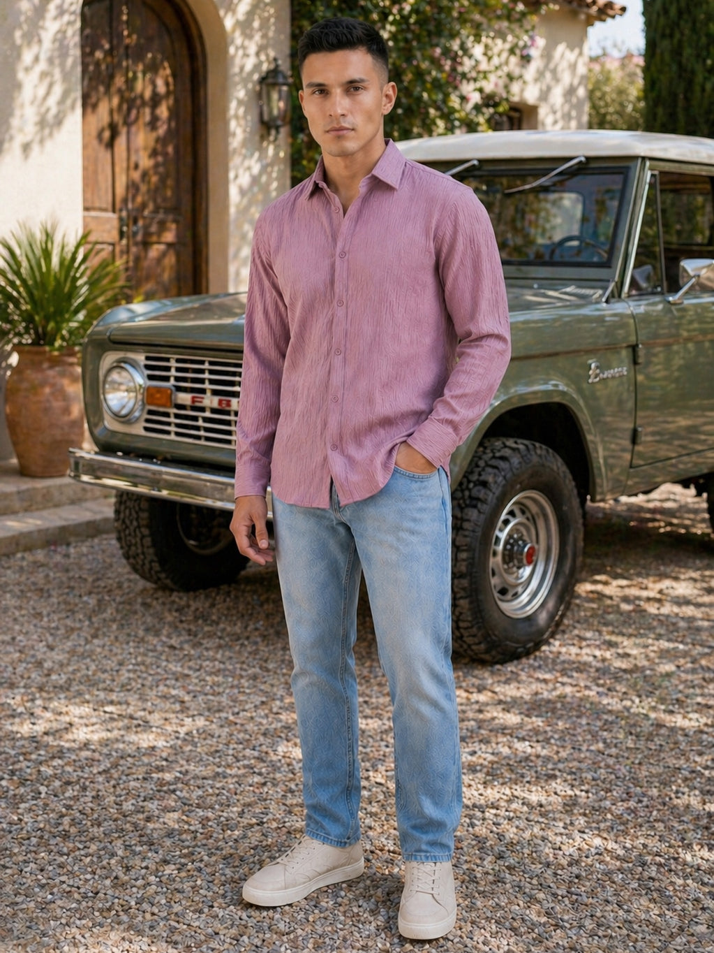 Men’s Wrinkle Textured Cotton Blend Casual Shirt ( RDSH 044Magenta )