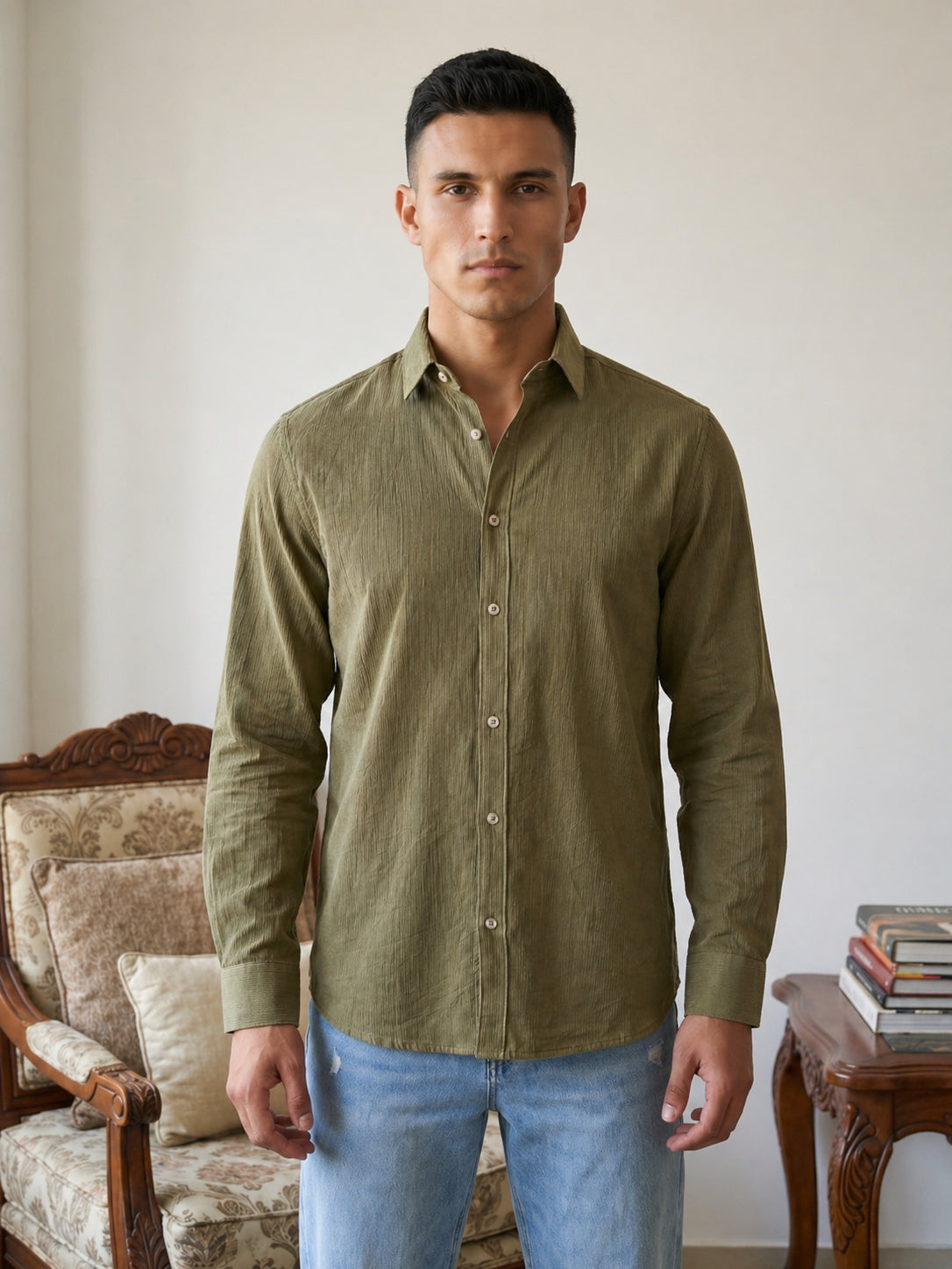 Men Standard Corduroy Cotton Shirt ( RDSH 045Olive )