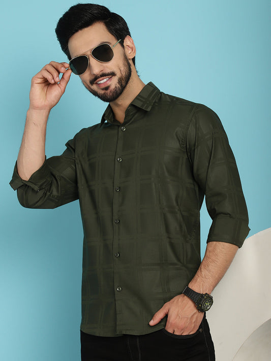 Olive Green Checked Casual Shirt