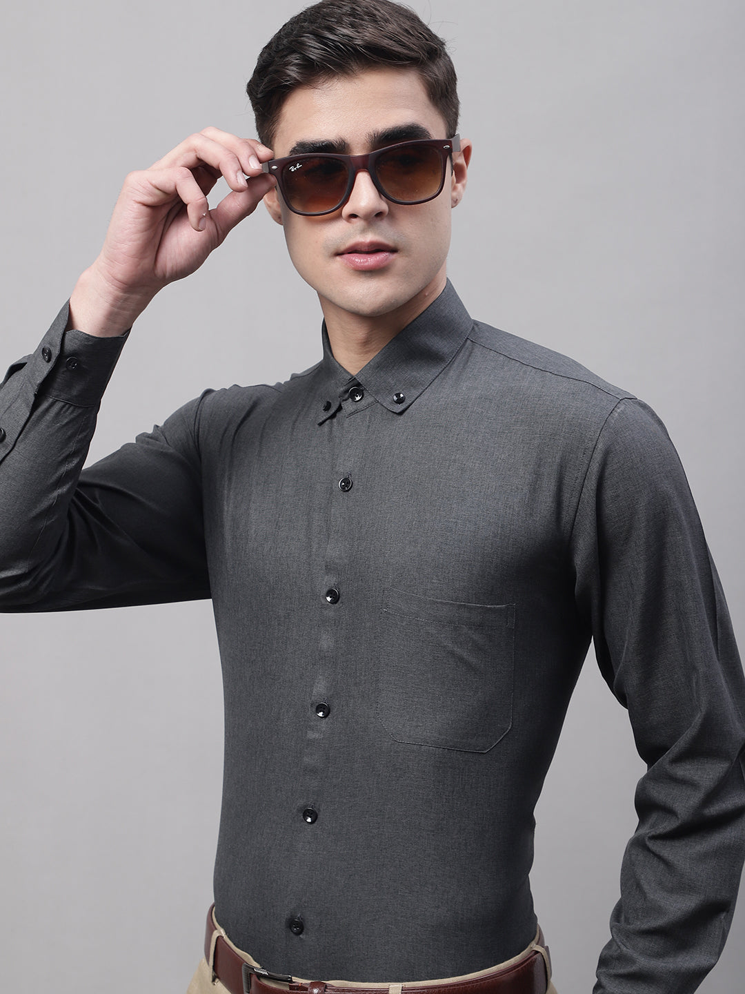 Men's Charcoal Cotton Solid Formal Shirt