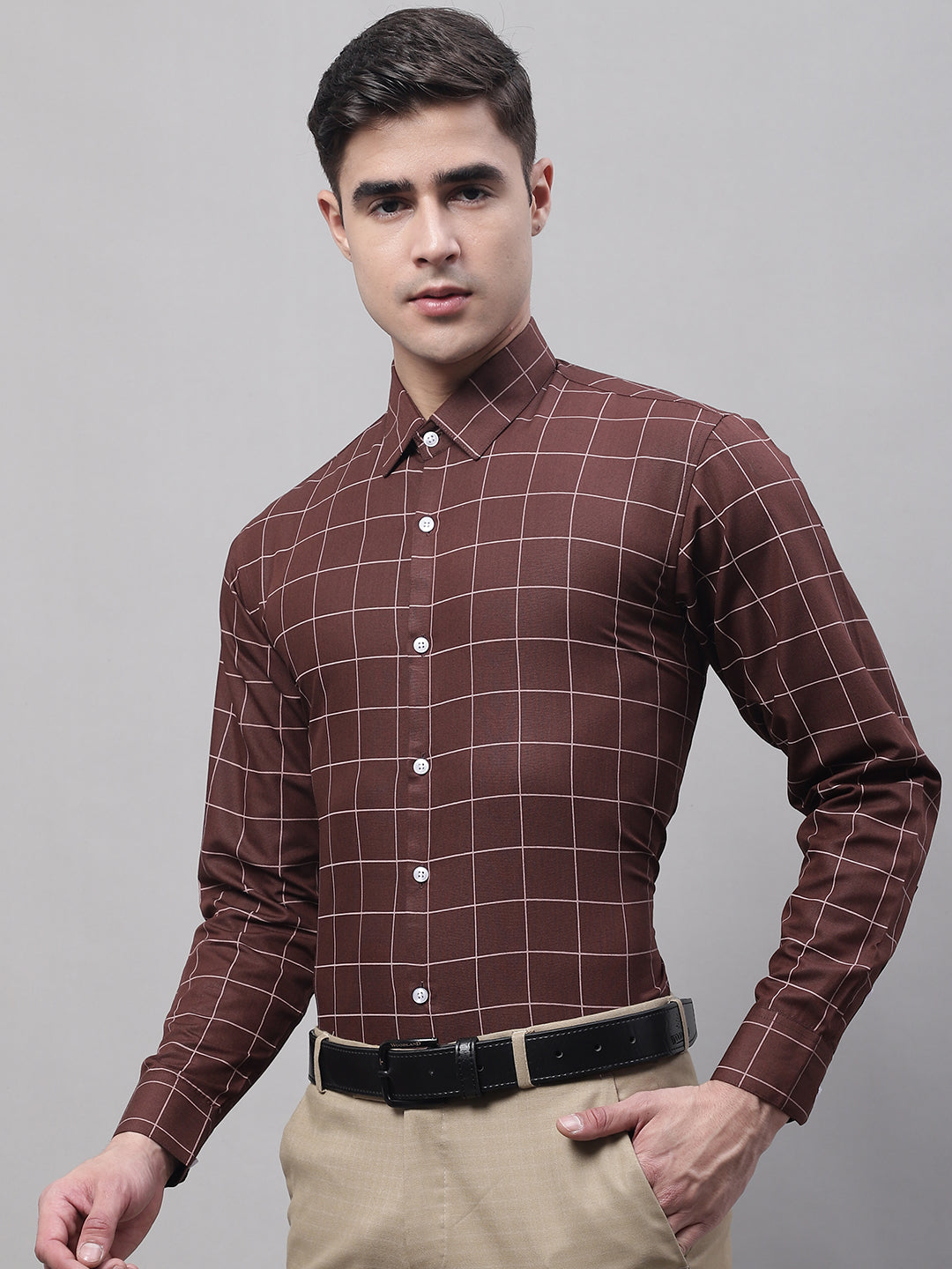 Men's Brown Cotton Checked Formal Shirt