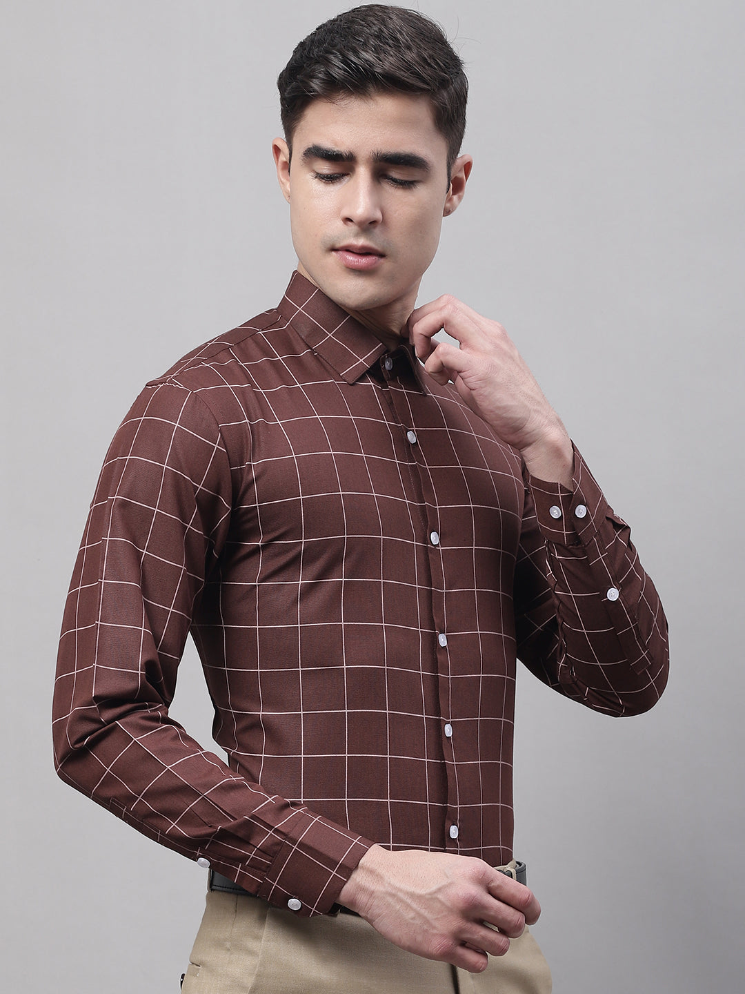 Men's Brown Cotton Checked Formal Shirt