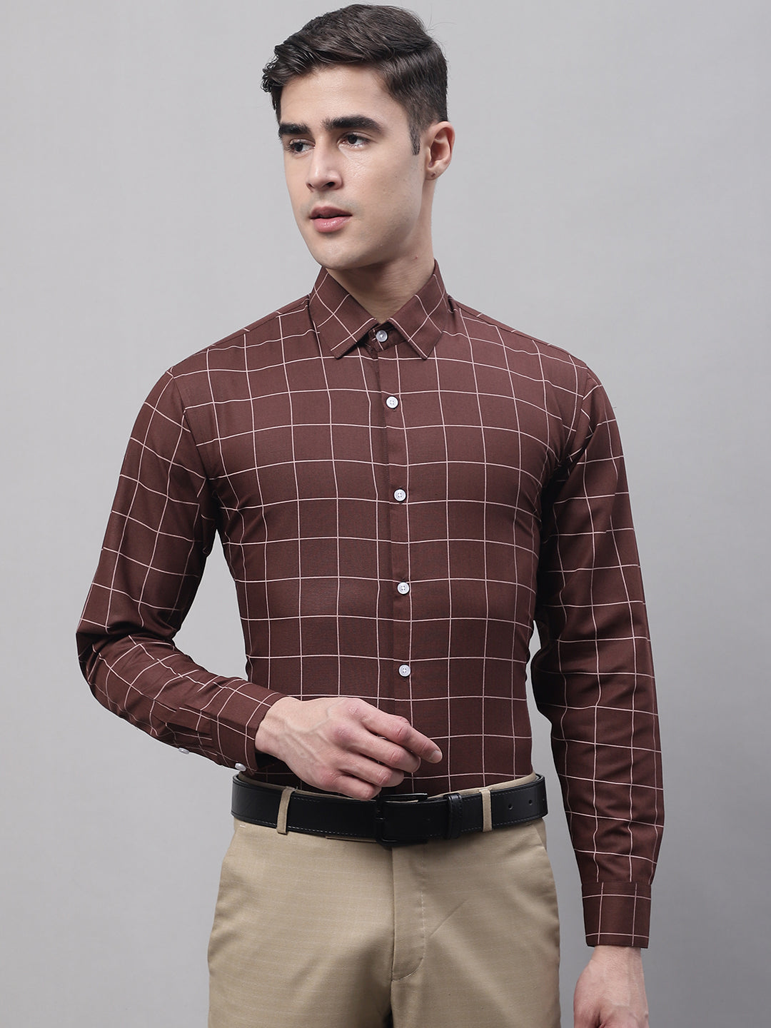 Men's Brown Cotton Checked Formal Shirt