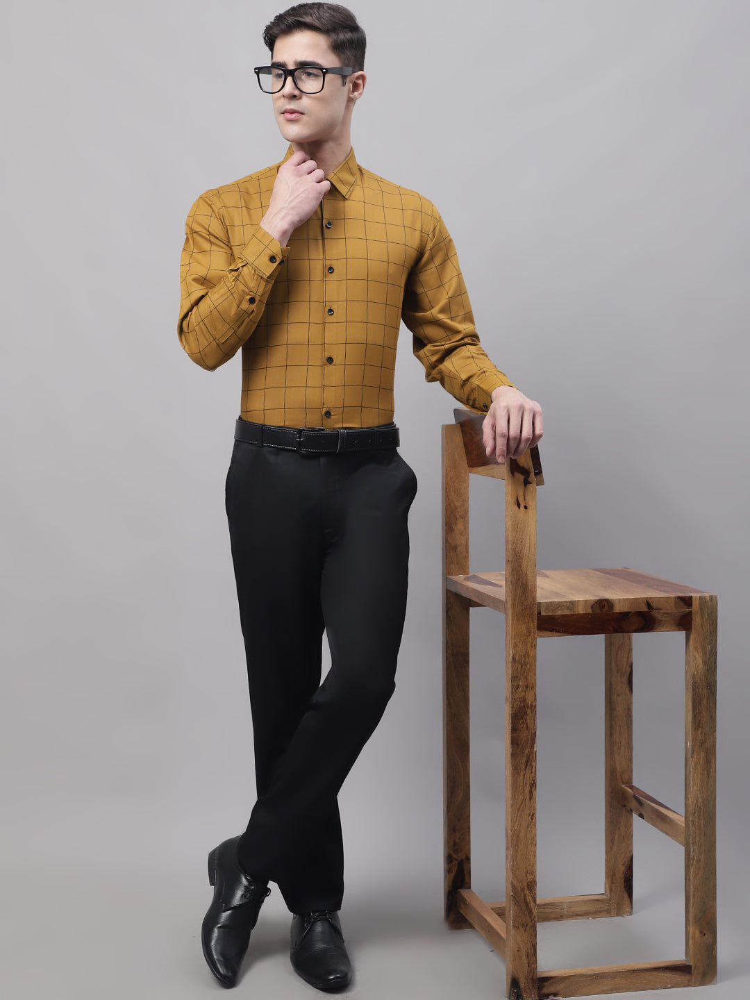 Men's Mustard Cotton Checked Formal Shirt