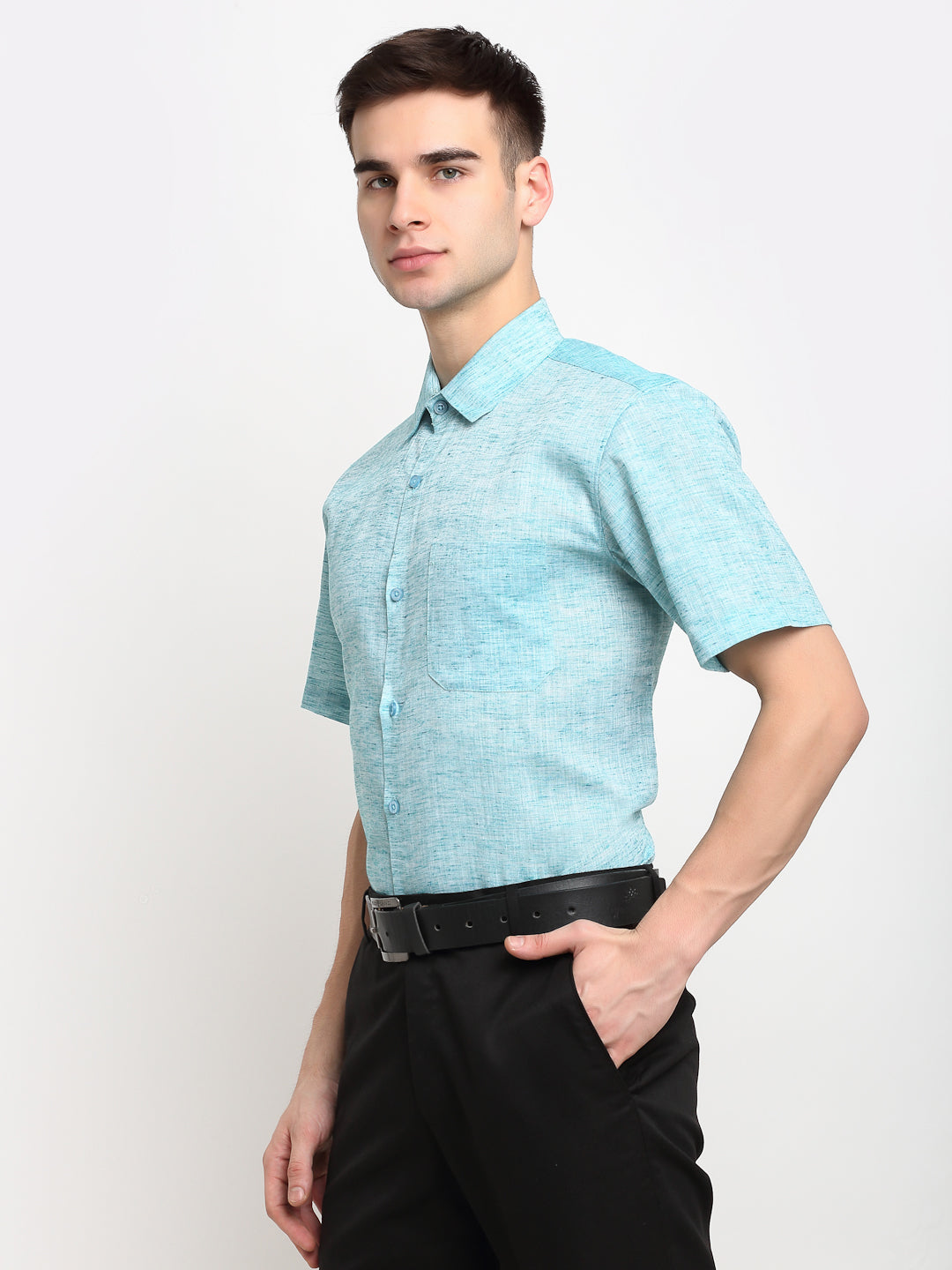 Indian Needle Green Men's Solid Cotton Half Sleeves Formal Shirt