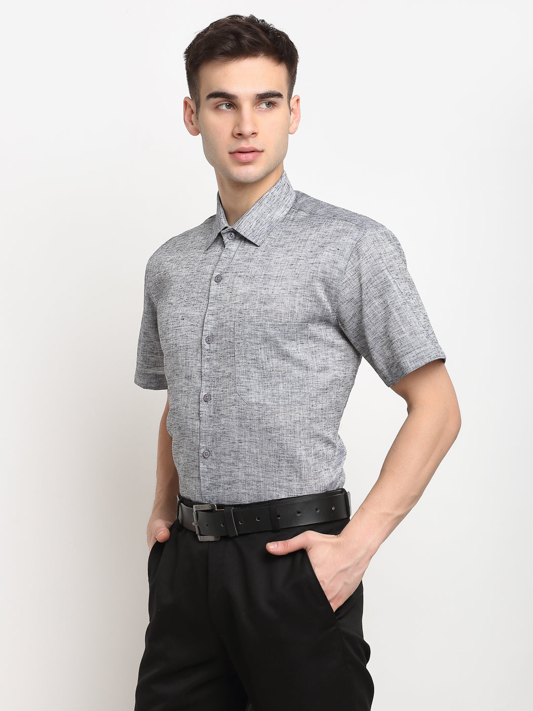 Indian Needle Grey Men's Solid Cotton Half Sleeves Formal Shirt ( SF 783Grey )