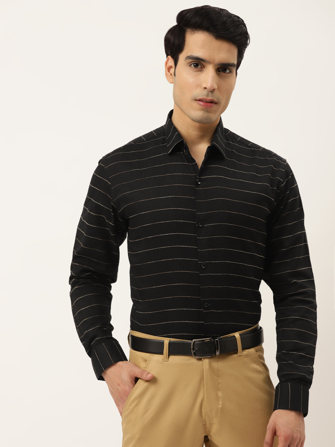 Indian Needle Men's Formal Cotton Horizontal Striped Shirt ( SF 790Black )