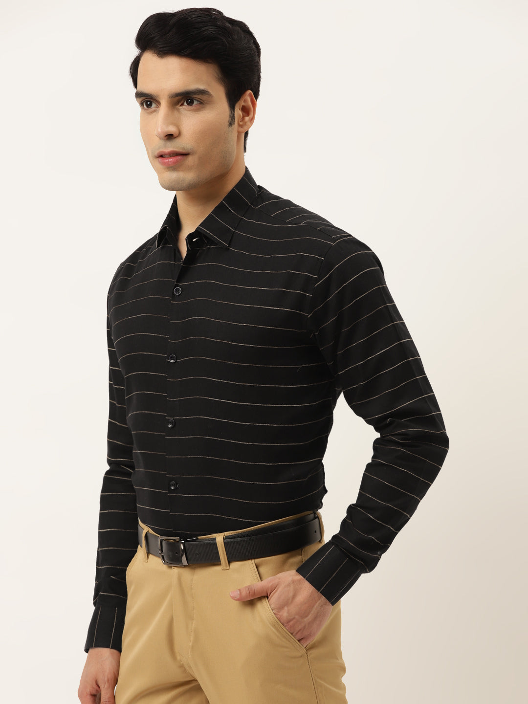 Indian Needle Men's Formal Cotton Horizontal Striped Shirt ( SF 790Black )