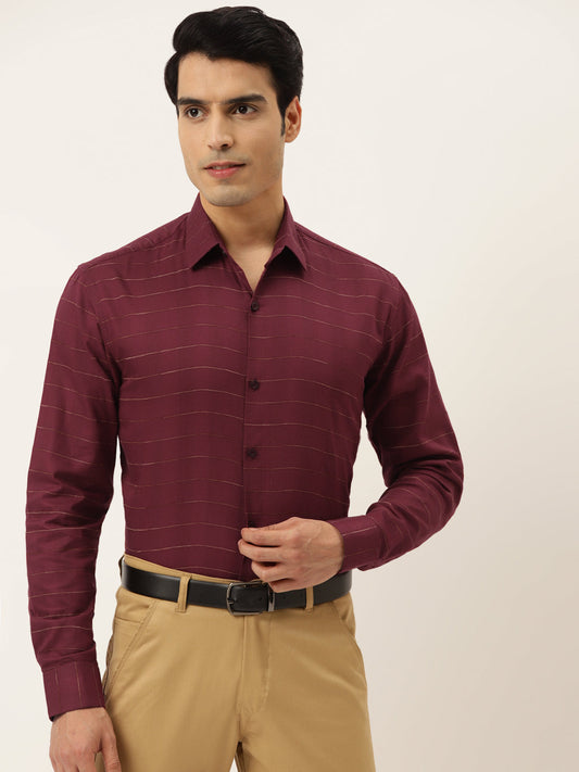 Indian Needle Men's Formal Cotton Horizontal Striped Shirt ( SF 790Maroon )