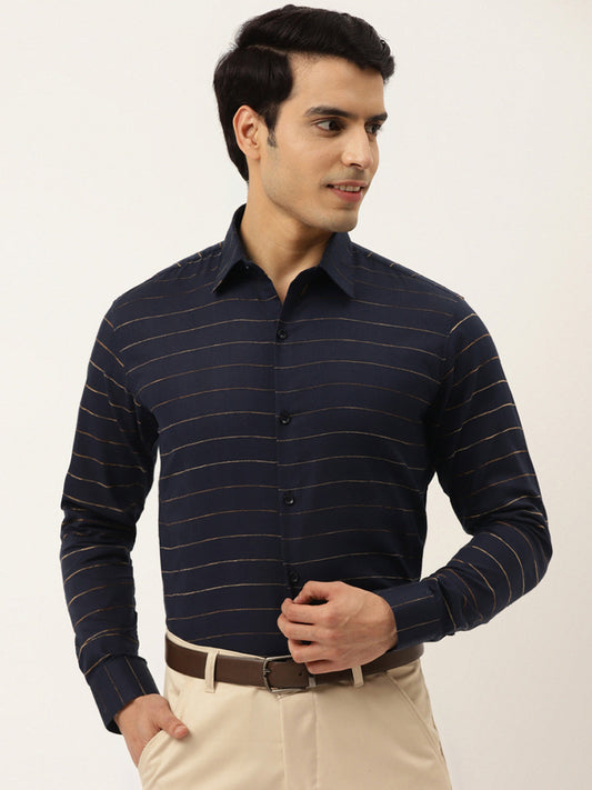 Indian Needle Men's Formal Cotton Horizontal Striped Shirt ( SF 790Navy )