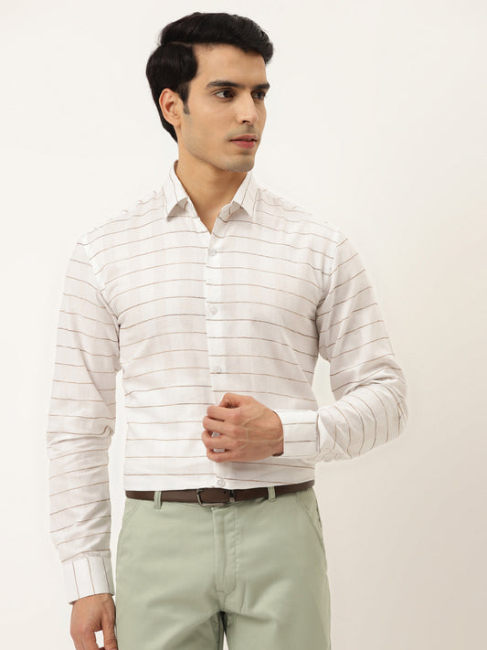 Indian Needle Men's Formal Cotton Horizontal Striped Shirt ( SF 790White )