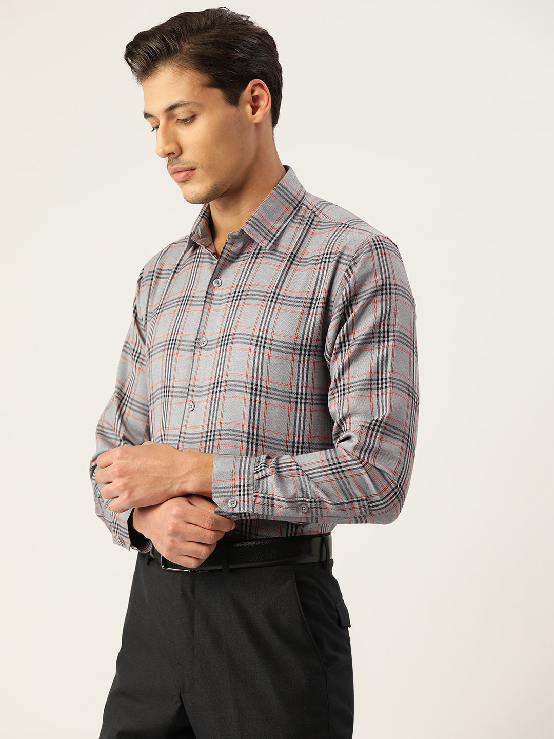 Indian Needle Men's Cotton Checked Formal Shirts ( SF 793Grey )