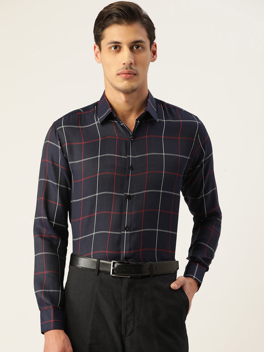 Indian Needle Men's Cotton Checked Formal Shirts ( SF 797Navy )