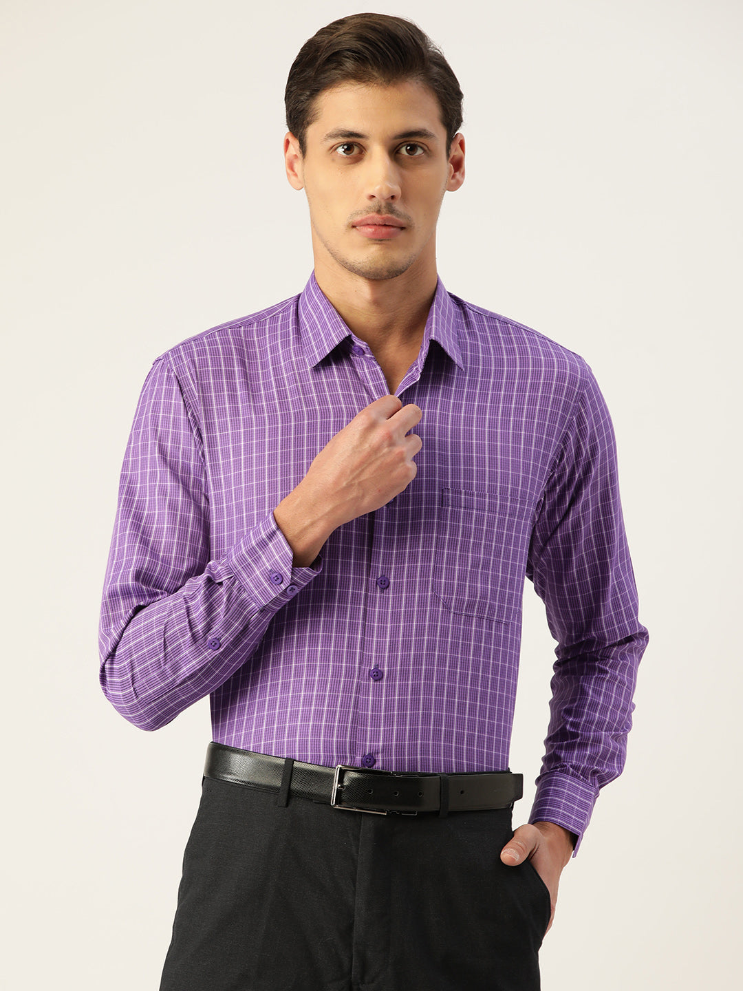 Indian Needle Men's Cotton Checked Formal Shirts ( SF 800Voilet )