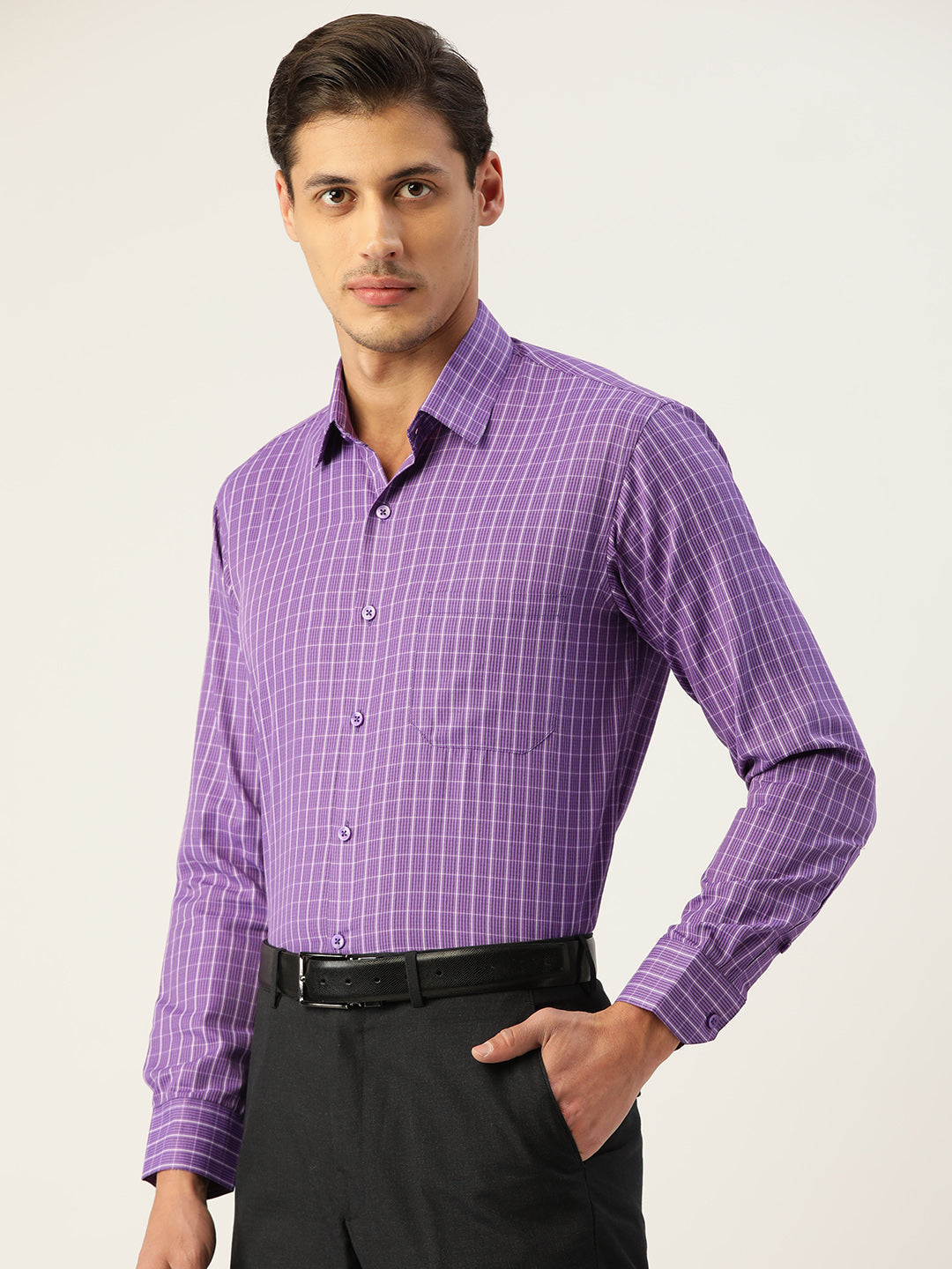 Indian Needle Men's Cotton Checked Formal Shirts ( SF 800Voilet )