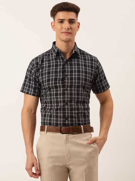 Indian Needle Men's Cotton Checked Half Sleeve Formal Shirts ( SF 808Black )