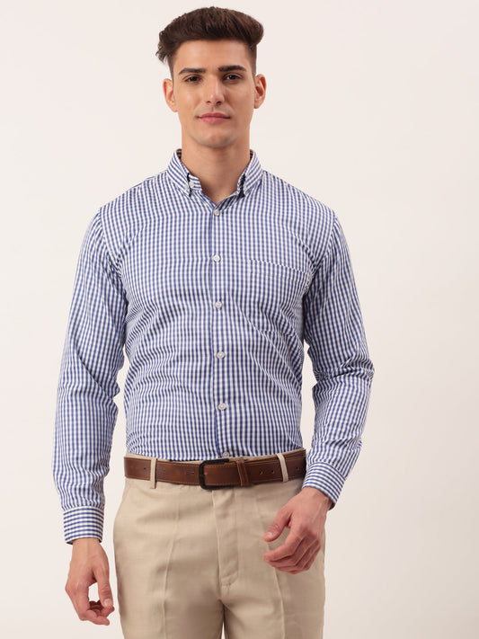 Indian Needle Men's Cotton Checked Button Down Collar Formal Shirts ( SF 810Blue )