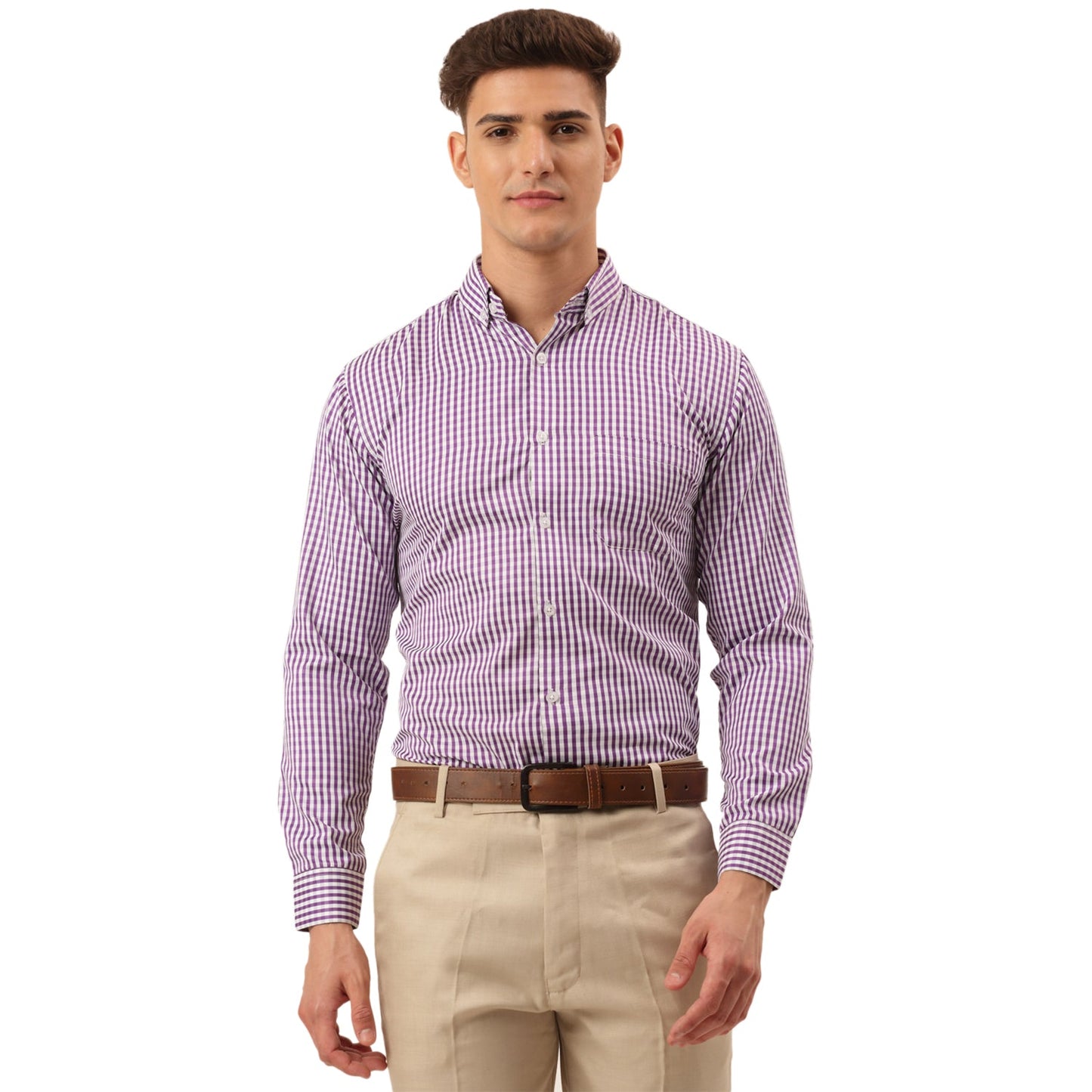 Indian Needle Men's Cotton Checked Button Down Collar Formal Shirts ( SF 810Purple )