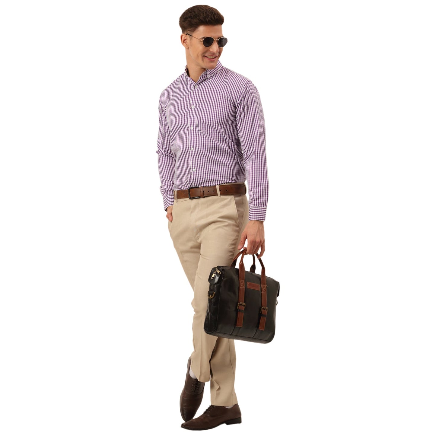 Indian Needle Men's Cotton Checked Button Down Collar Formal Shirts ( SF 810Purple )