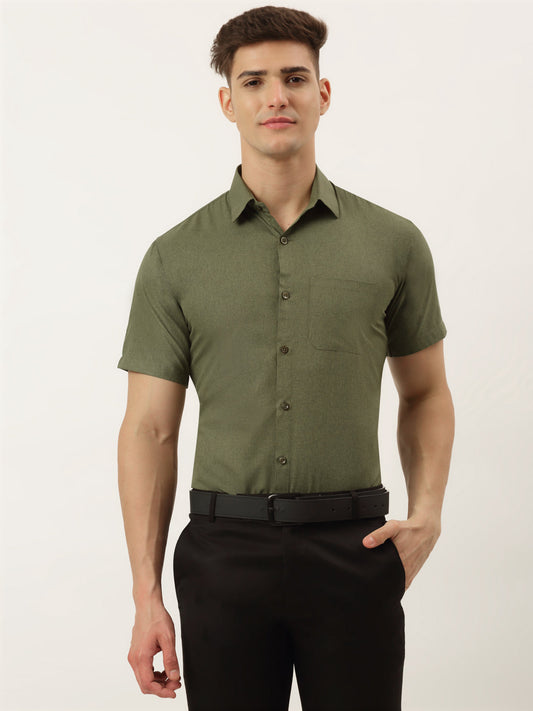 Indian Needle Men's Cotton Solid Half Sleeve Formal Shirts ( SF 811Olive )
