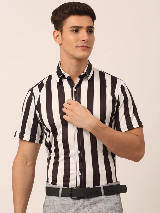 Indian Needle Men's Lycra Striped Half Sleeve Formal Shirts ( SF 812White )