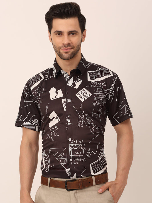 Indian Needle Men's Lycra Printed Half Sleeve Formal Shirts ( SF 813Black )