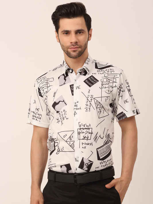 Indian Needle Men's Lycra Printed Half Sleeve Formal Shirts ( SF 813White )