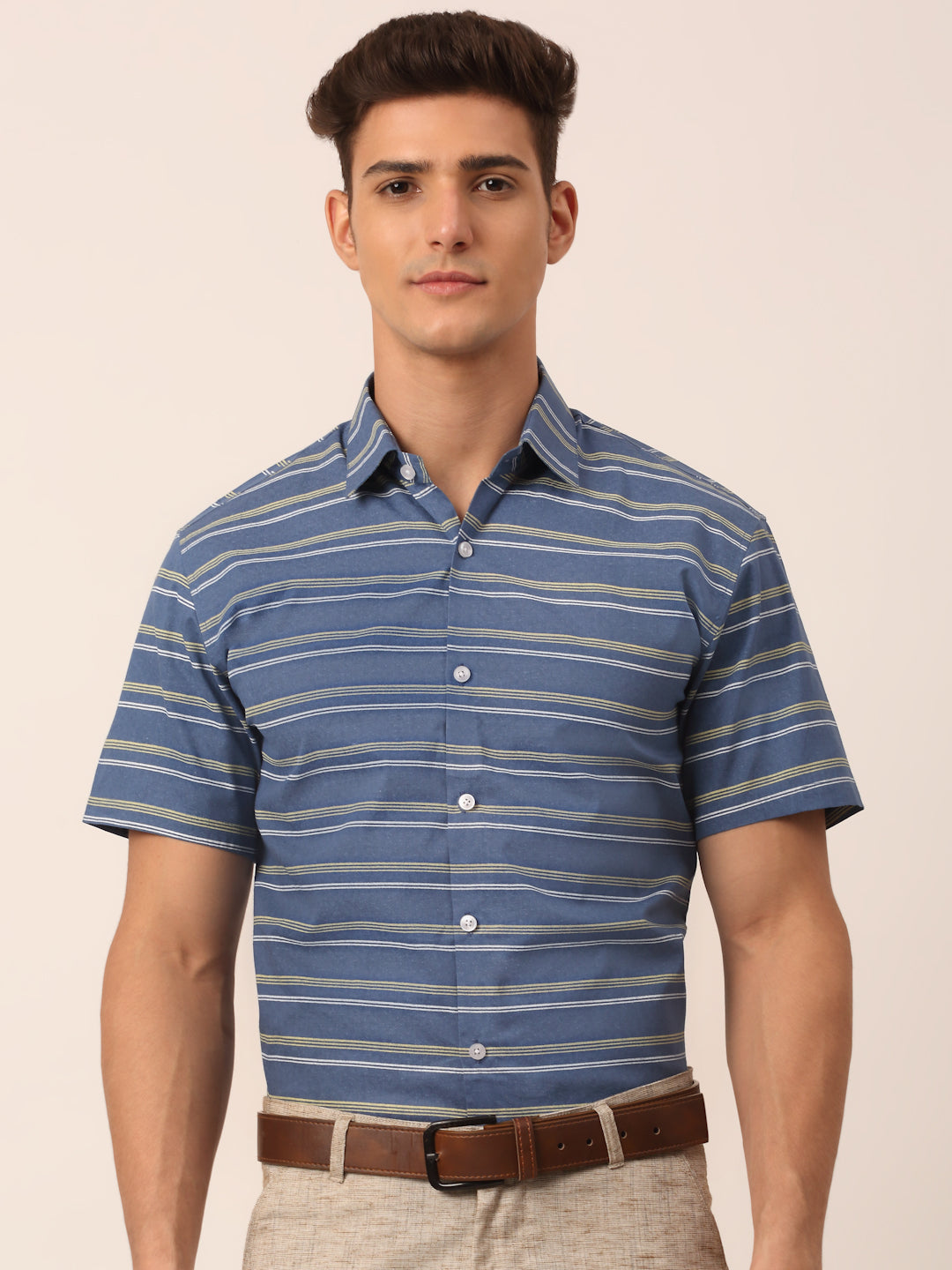 Indian Needle Men's Cotton Striped Half Sleeve Formal Shirts ( SF 816Blue )