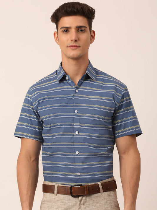 Indian Needle Men's Cotton Striped Half Sleeve Formal Shirts ( SF 816Blue )