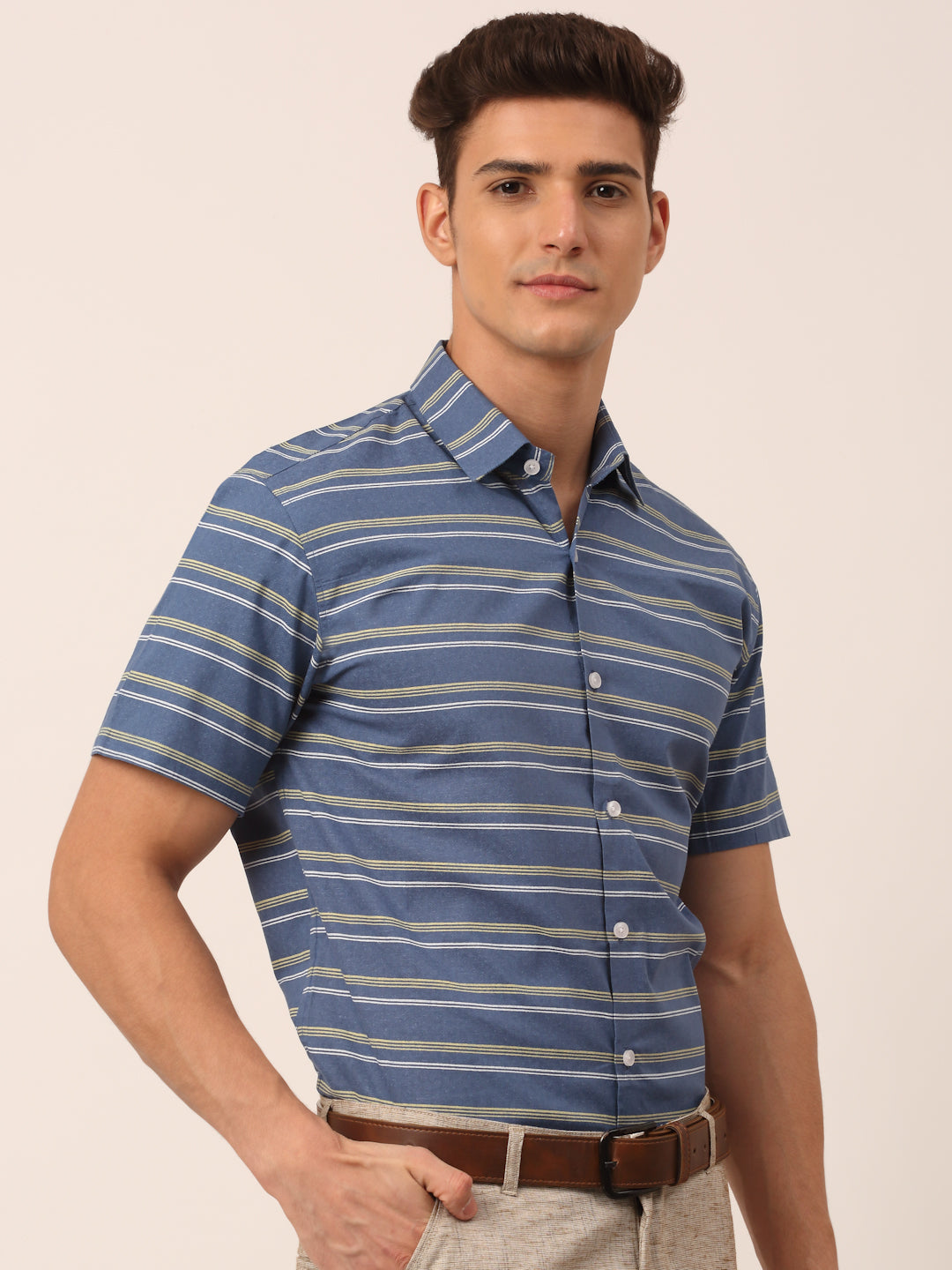 Indian Needle Men's Cotton Striped Half Sleeve Formal Shirts ( SF 816Blue )