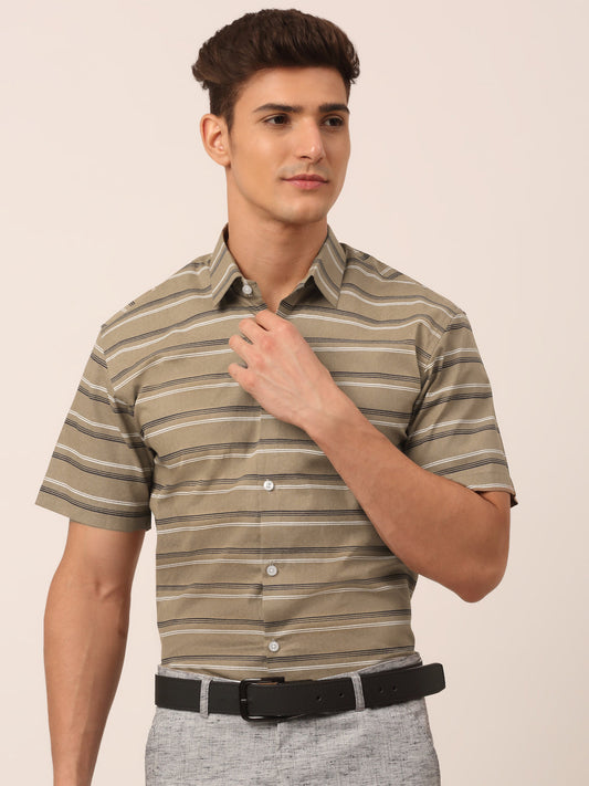 Indian Needle Men's Cotton Striped Half Sleeve Formal Shirts ( SF 816Brown )