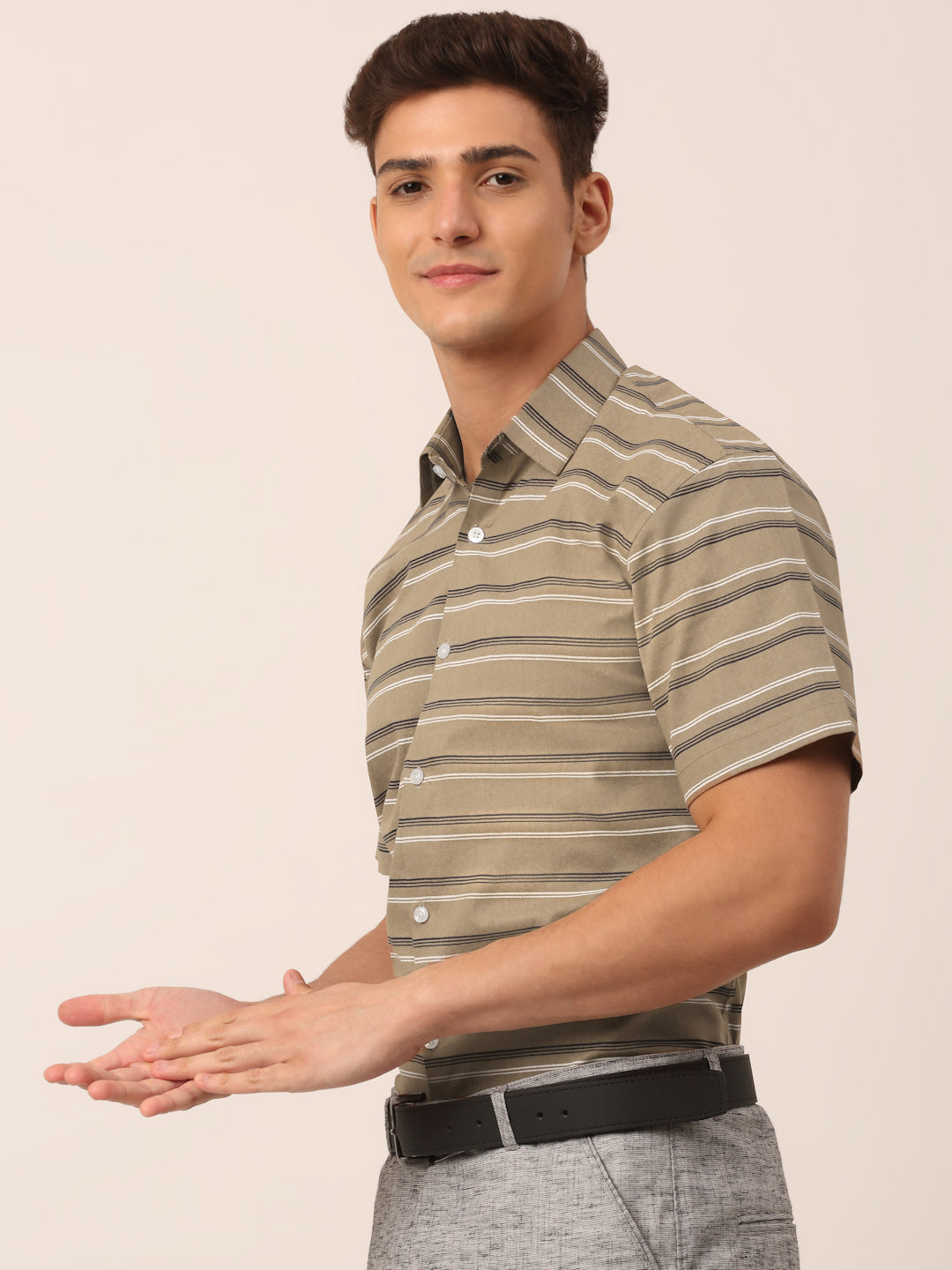 Indian Needle Men's Cotton Striped Half Sleeve Formal Shirts ( SF 816Brown )