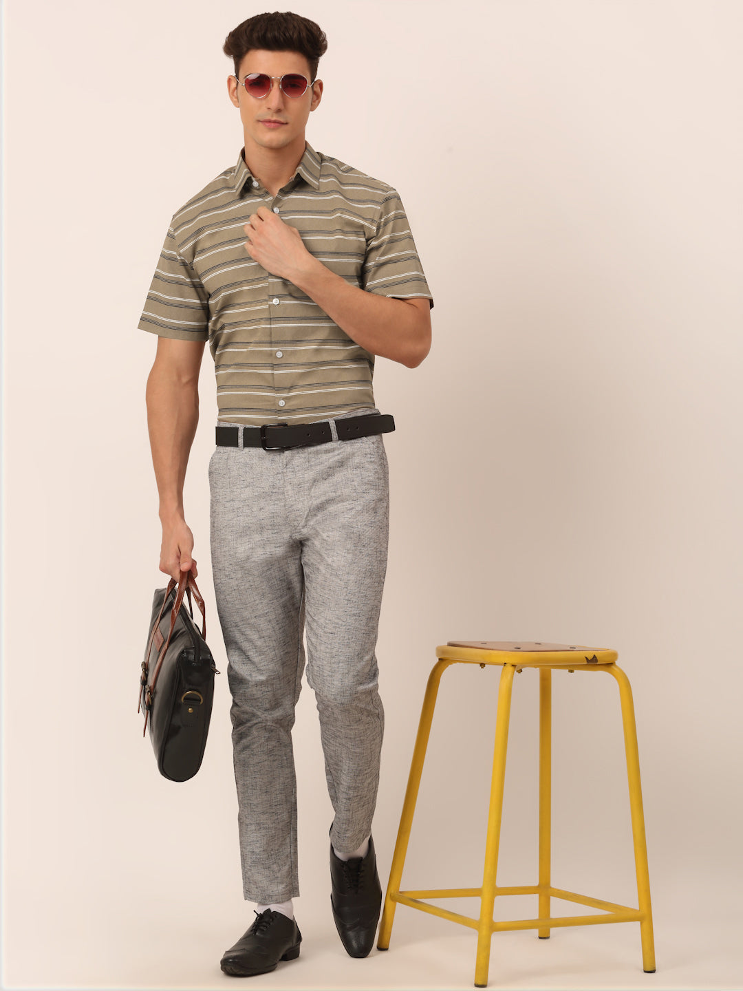 Indian Needle Men's Cotton Striped Half Sleeve Formal Shirts ( SF 816Brown )