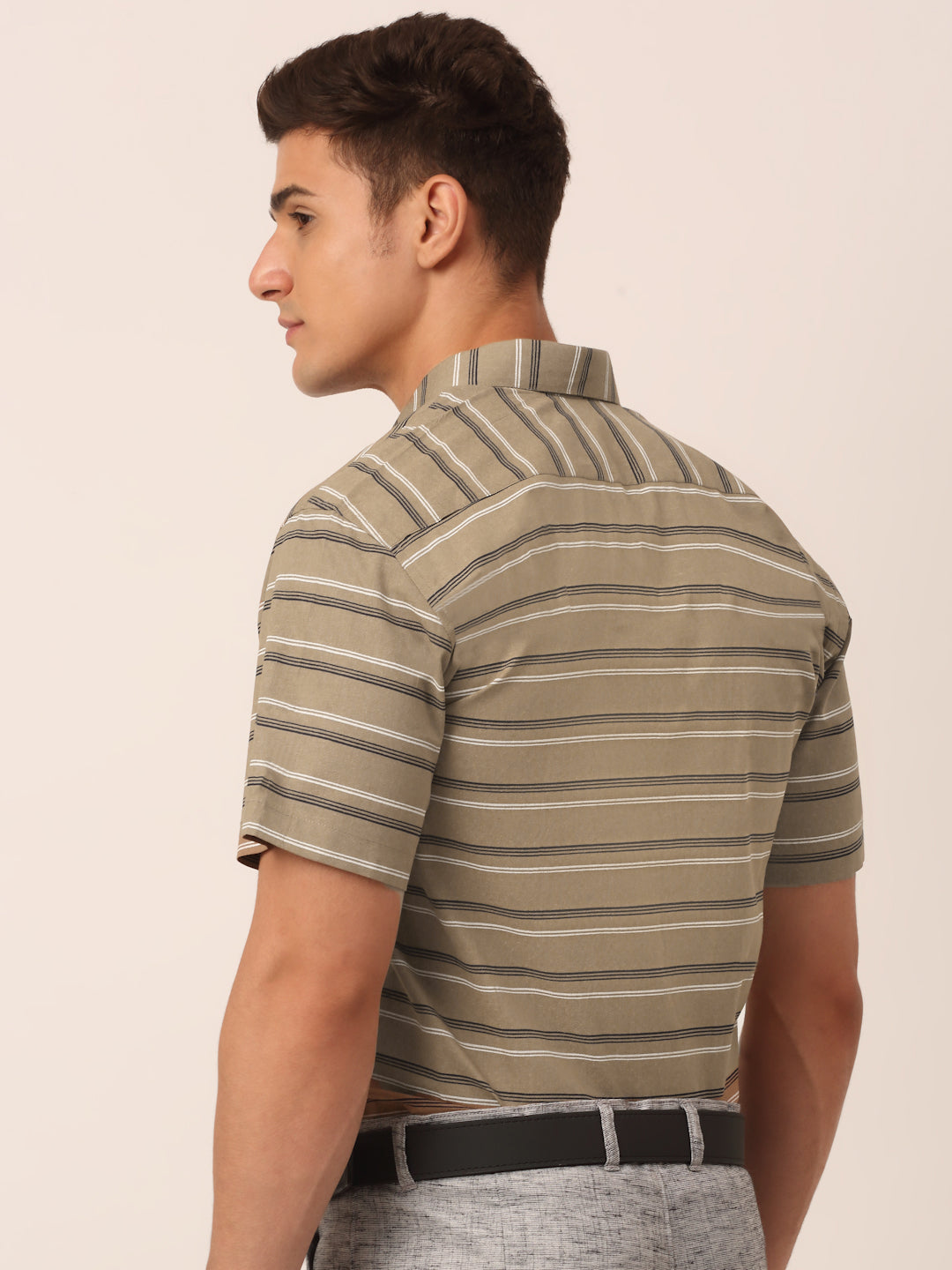 Indian Needle Men's Cotton Striped Half Sleeve Formal Shirts ( SF 816Brown )